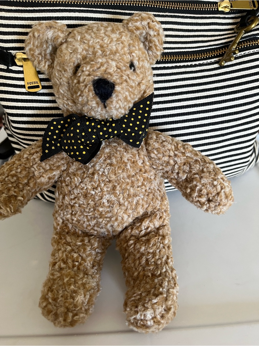 “Barley Bear” Stuffed Toy - Tan with Black Polka Dot Bow - Picture 8 of 12